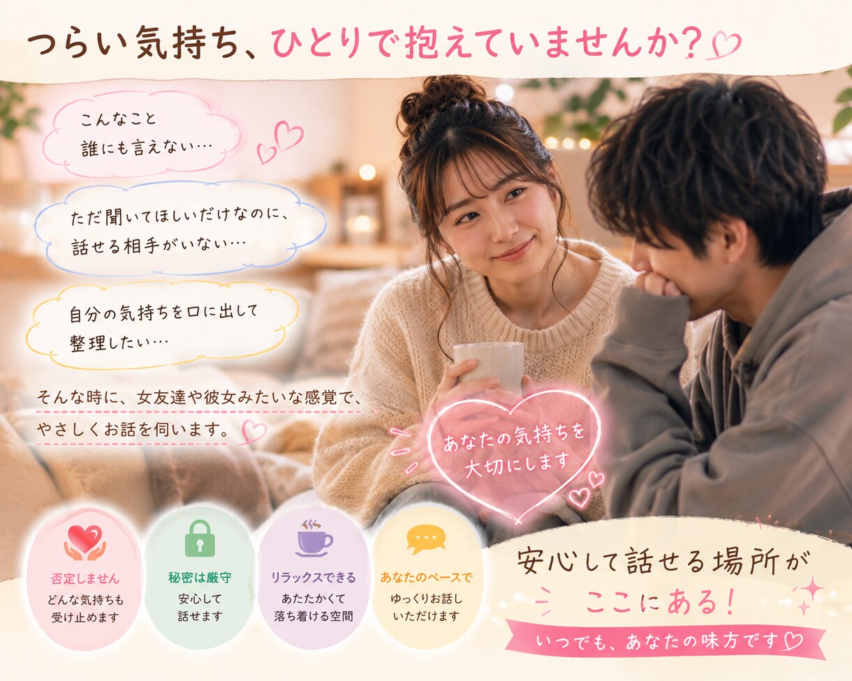 女友達や彼女みたいに、やさしくお話し聞きます 友だちには言えない話も気軽にどうぞ イメージ4
