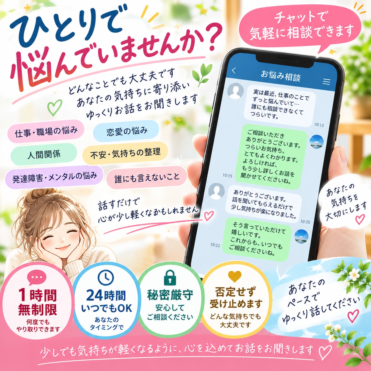 1時間無制限のチャットでゆっくりお話しします 自分のペースで気持ちを書き出し、心をゆっくり整えましょう イメージ1