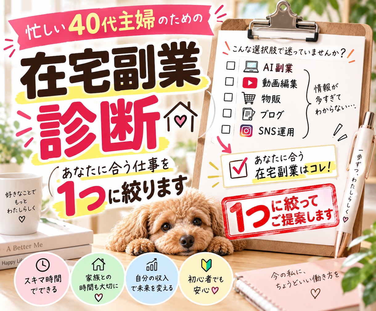 忙しい40代主婦に合う在宅副業を1つ診断します 副業迷子を卒業｜隙間時間でできる最初の一歩まで具体化 イメージ1