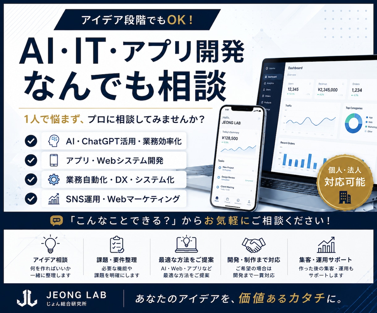 IT・AI・アプリ開発の相談に乗ります AI・Web・アプリ・業務効率化まで幅広くご相談いただけます イメージ1