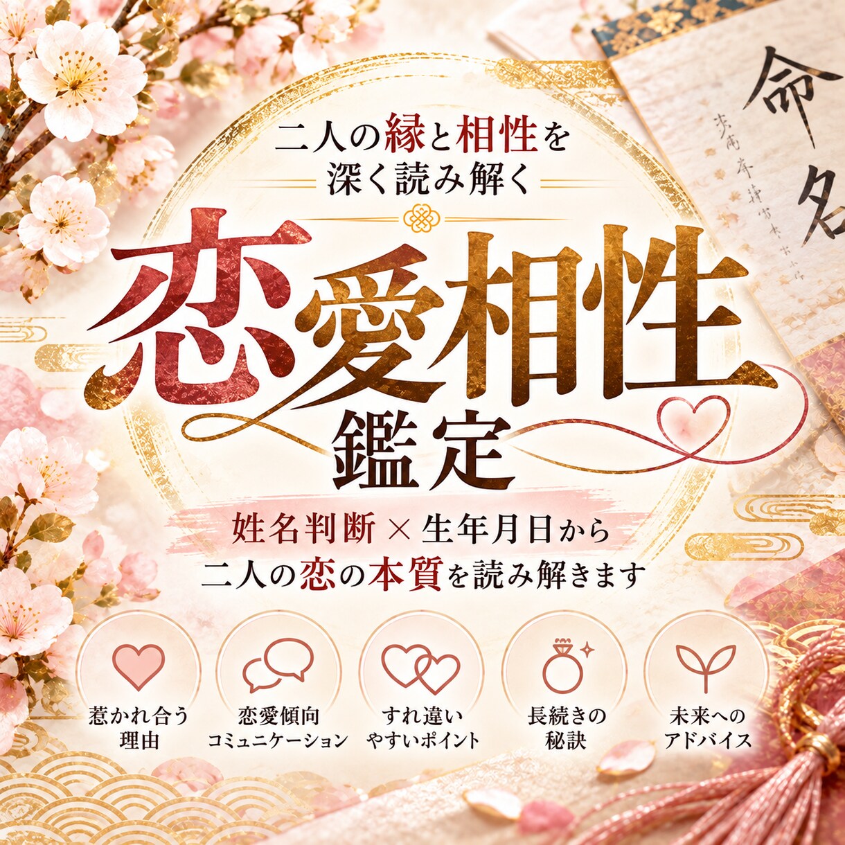 姓名判断と生年月日からお二人の恋愛相性判断します 恋愛傾向・長続きの秘訣を読み解きます イメージ1