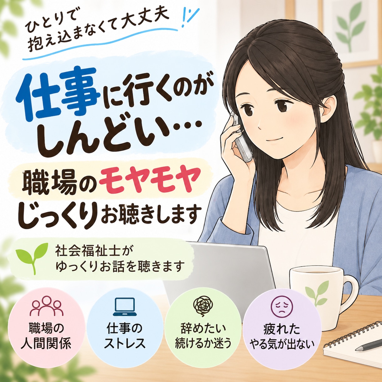 仕事や職場の人間関係の悩みをじっくりお聴きします 辞めたい、疲れた、行きたくない。その気持ちをお聴きします イメージ1
