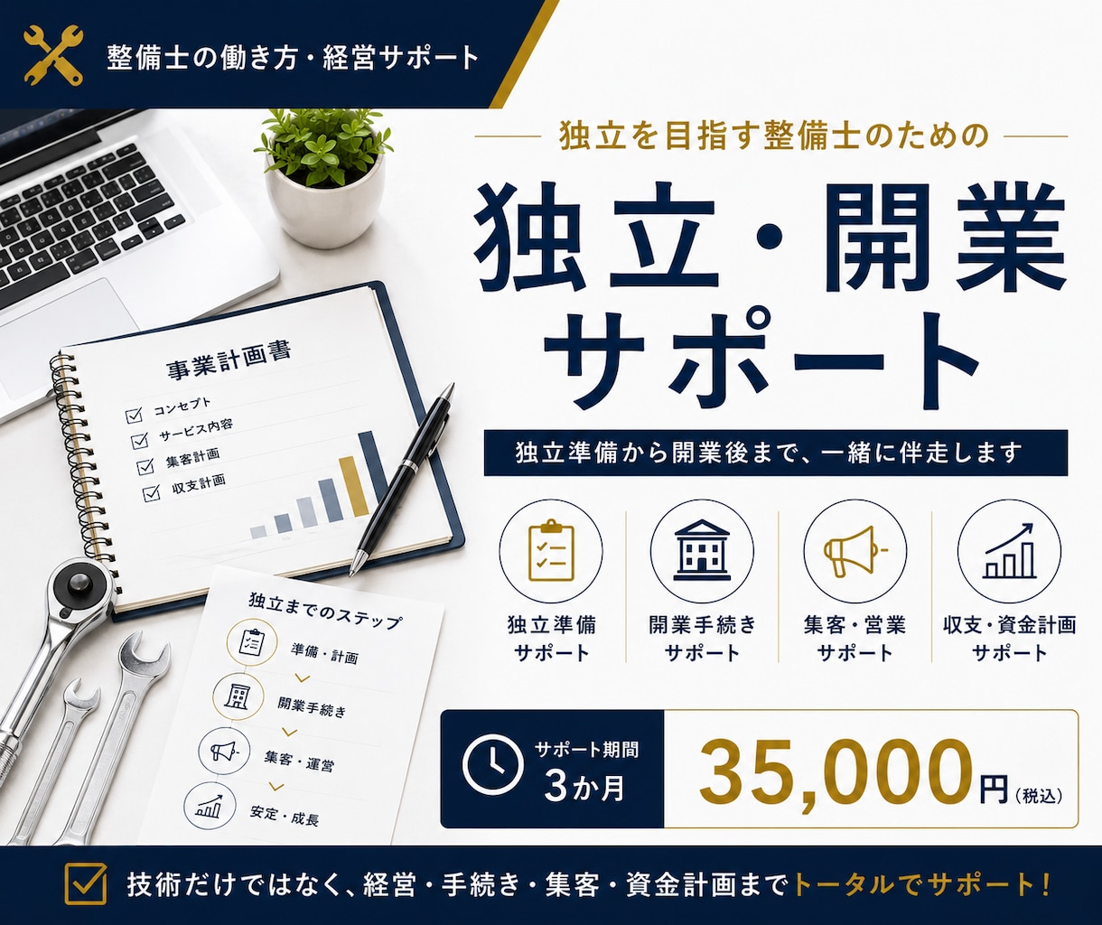 整備士の独立・開業をサポートします 独立準備から開業後まで、一緒に伴走します。 イメージ1