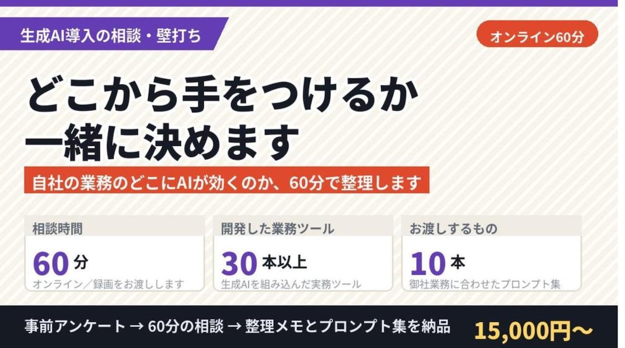 生成AIをどこから使うか60分で整理します 自社の業務のどこにAIが効くのか、60分で整理します イメージ1