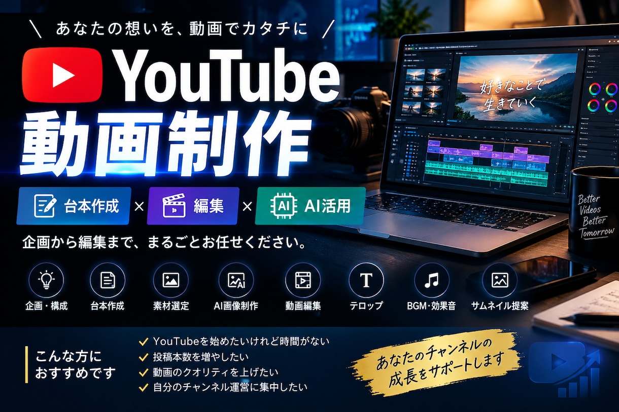 YouTube動画を台本から編集まで制作します 台本・編集まで一括対応！YouTube運営をサポートします イメージ1