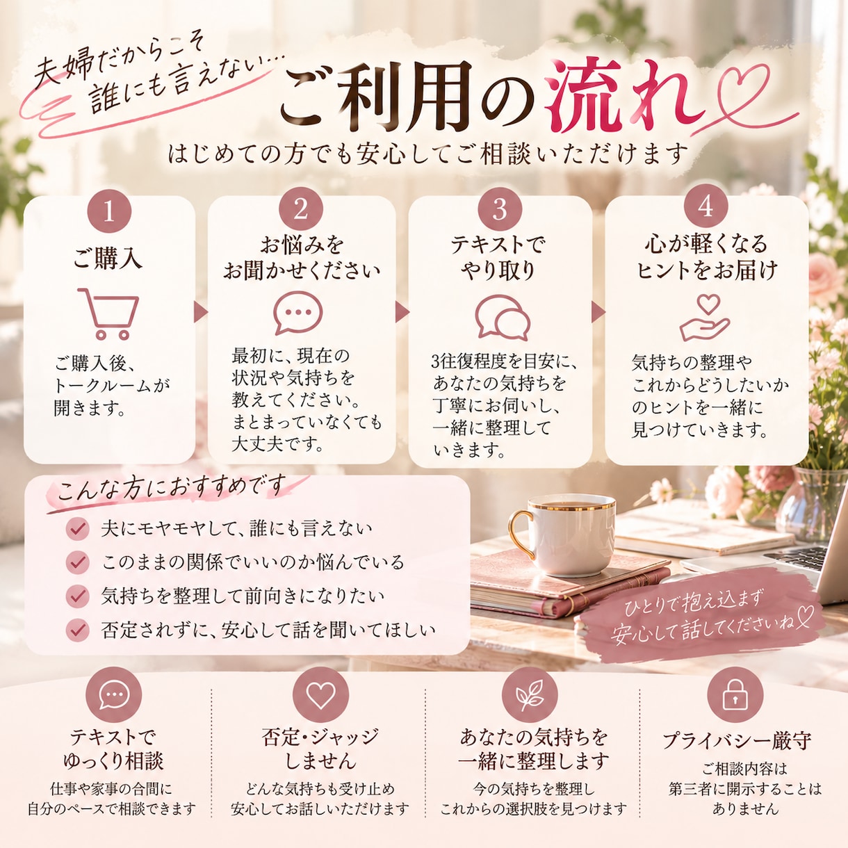 夫婦・パートナーのモヤモヤを優しくお聞きします 一緒にいるのに寂しい…言えない気持ちを一緒に整理します イメージ4