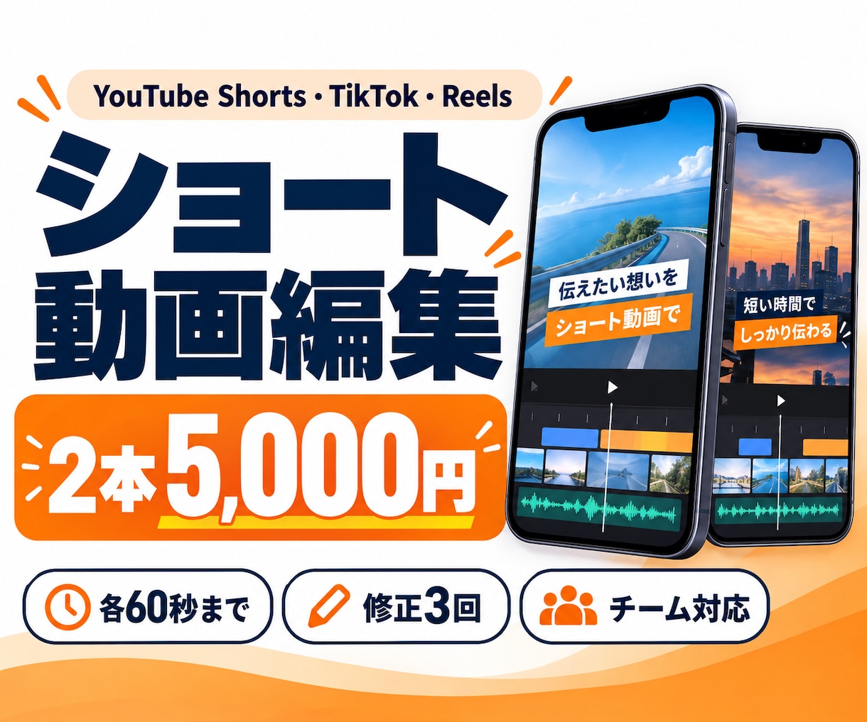 YouTubeショートを2本編集します 各60秒・2本5,000円｜チームで継続対応 イメージ1