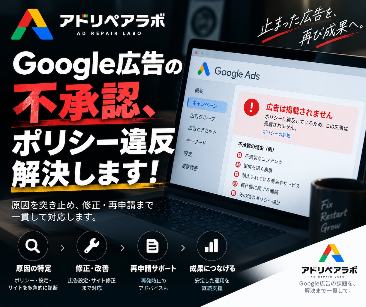 Google広告の不承認・ポリシー違反解決します Google広告・リスティング・ディスプレイ広告等全般対応 イメージ1