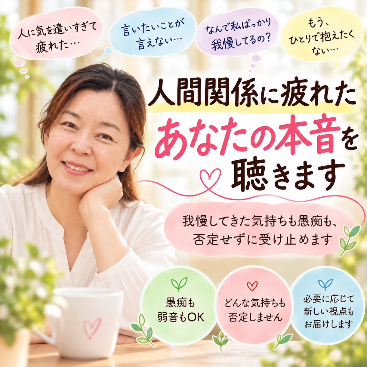 人間関係に疲れたあなたの本音を聴きます 我慢してきた気持ちも愚痴も、否定せずに受け止めます イメージ1
