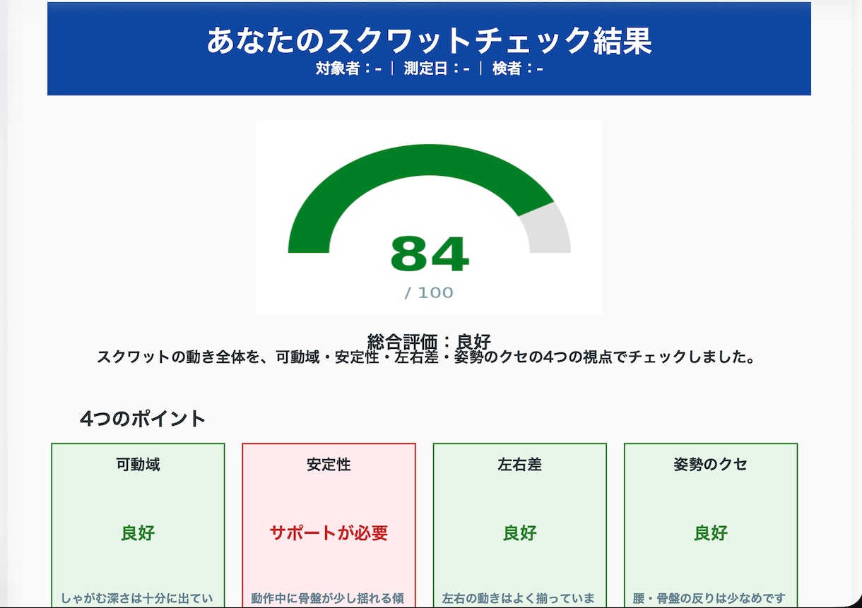 OpenCap動作解析をPDFレポート化します 5動作対応。ROM・左右対称性・所見コメント付きPDF作成 イメージ7