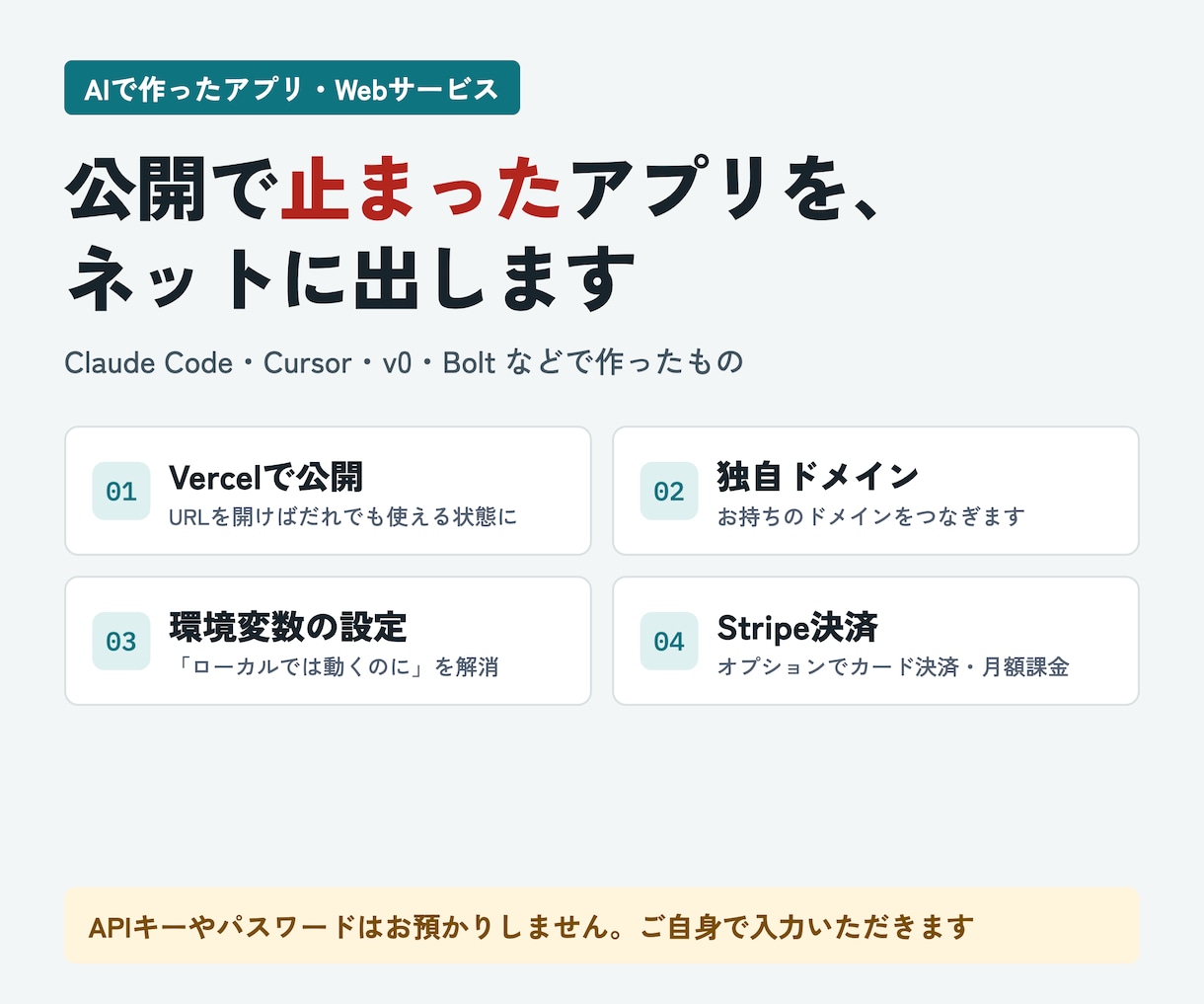 AIで作ったアプリをネットに公開します Vercel公開・独自ドメイン・Stripe決済まで対応 イメージ1