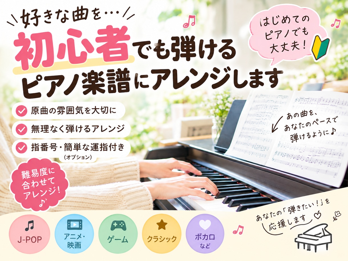 ピアノ初心者向け 簡単アレンジ楽譜作ります 現役ピアノ講師が、アレンジから弾き方までサポート イメージ1