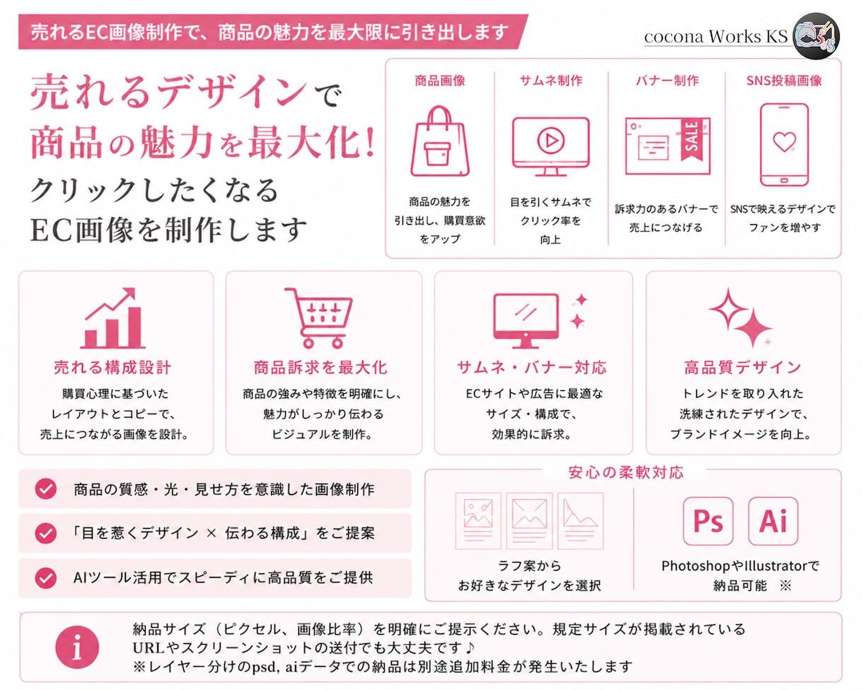 売れる印象を意識したEC画像・サムネ制作いたします AIも活用し目を惹く高品質なEC画像を提案＆制作します イメージ2