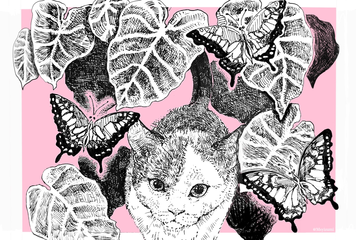 うちの子/ペットの似顔絵イラストをお描きしますます ペン画で植物などの簡単な装飾を追加してイラストを描きます。 イメージ1