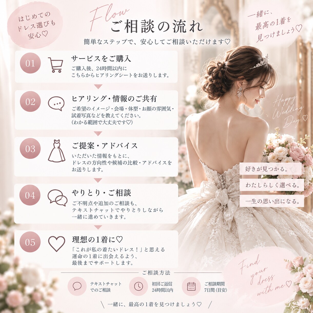 ドレス迷子の花嫁様へ♡運命の1着選びお手伝いします 試着前の不安から、試着後のドレス比較まで一緒に考えます！ イメージ4