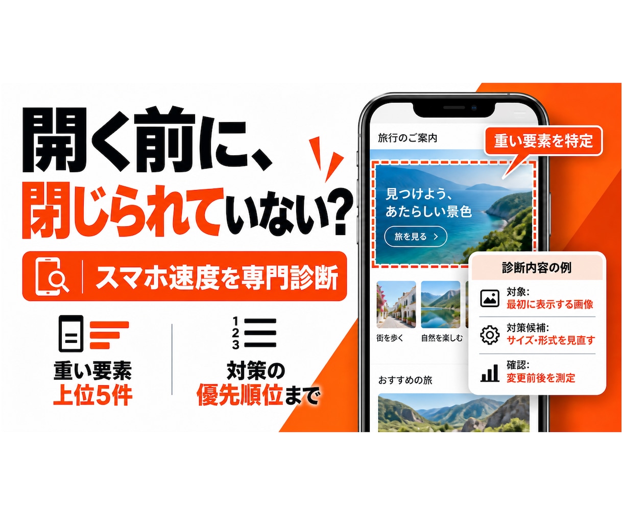 スマホで遅いサイトを診断し対策を示します 重い要素の上位5件と、対策の優先順位をPDFに イメージ1