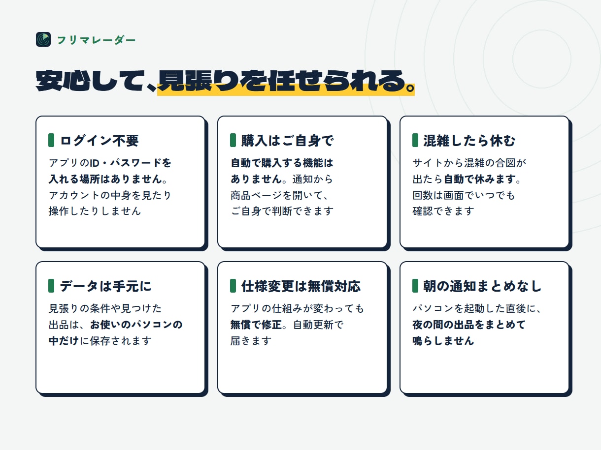 フリマ新着の見張り・通知ツールを提供します 3つのフリマの新着を1画面で。条件に合えばすぐ通知 イメージ6