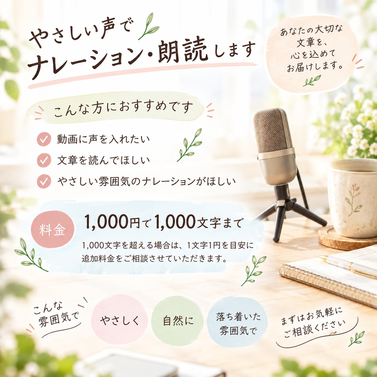 やさしい声で、ナレーション・朗読・文章を読みます 落ち着いた雰囲気で、あなたの文章を心地よくお届けします。 イメージ3