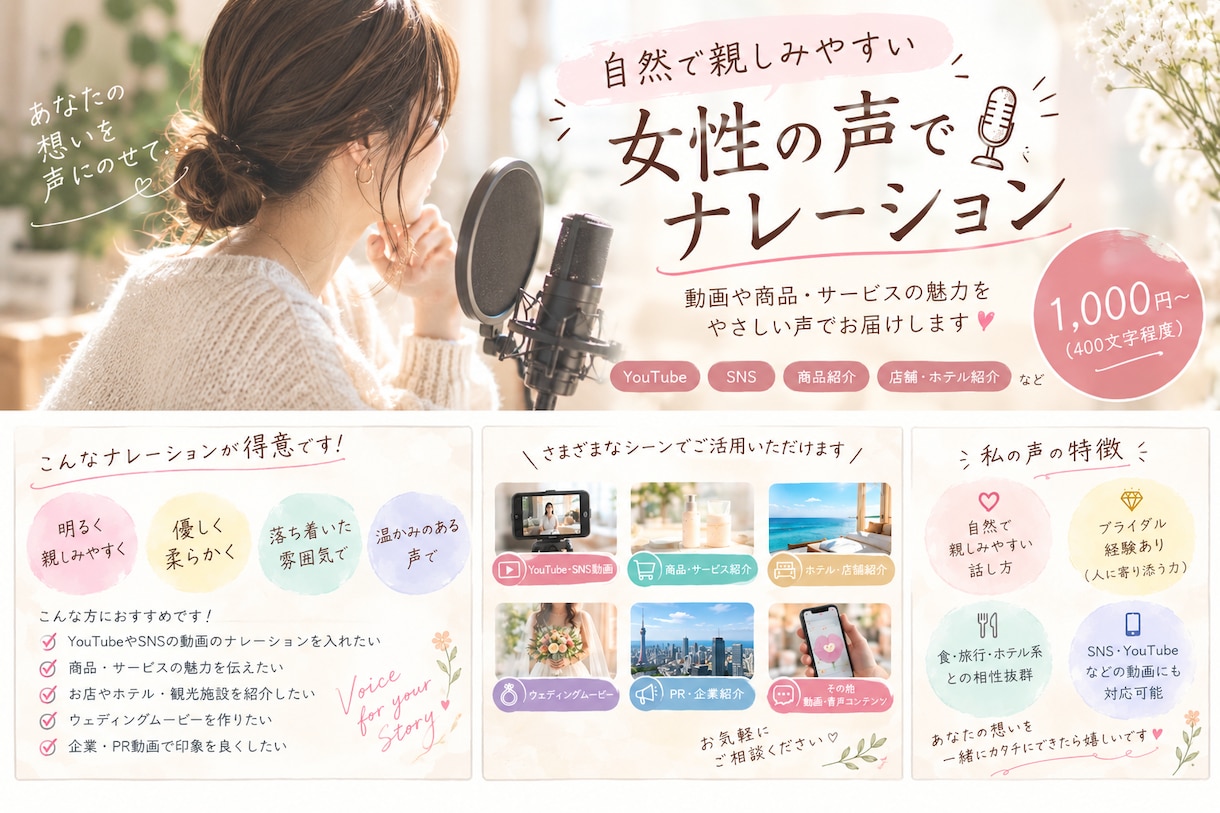 自然で親しみやすい女性の声でナレーションします 温かく自然な声で、動画や商品・サービスの魅力をお届けします♡ イメージ1