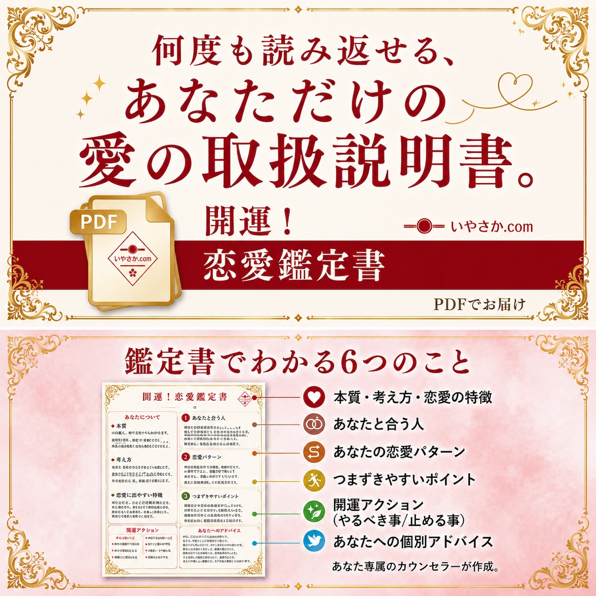 幸せな恋を引き寄せる！特別な恋愛鑑定書お届けします あなたの強みを活かした具体的な開運アクションが満載！ イメージ1