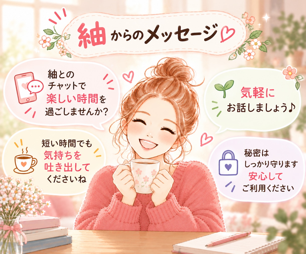 1時間1000円♡あなたのお話に優しく寄り添います 愚痴・悩み・雑談なんでも歓迎♡気軽に話せる癒しのチャット時間 イメージ5