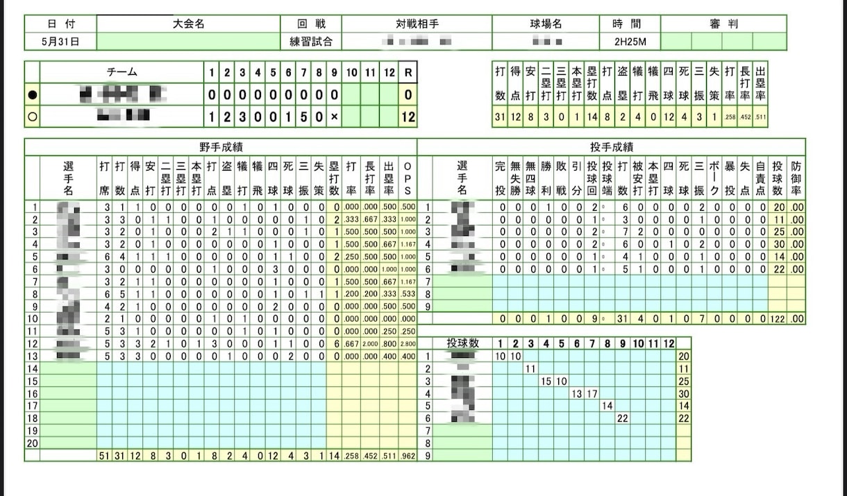 野球チームの各選手成績、チーム戦歴をデータ化します 成績管理もチームの力に！印刷・共有しやすいデータで納品！ イメージ2