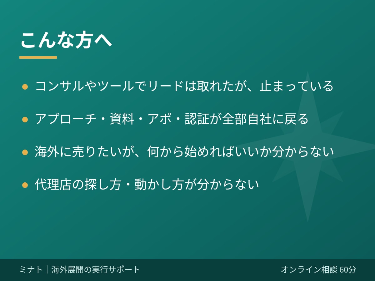 海外に売る「最初の一歩」を30分で整理します 初回お試し30分。海外に売る最初の一歩を整理します イメージ2