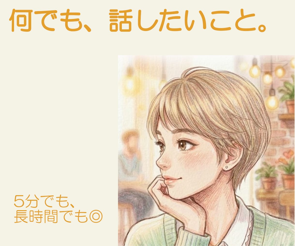 あなたの話したいこと、話してください。耳を傾けます まとまってなくて大丈夫。あなたのペースでお話してください。 イメージ1