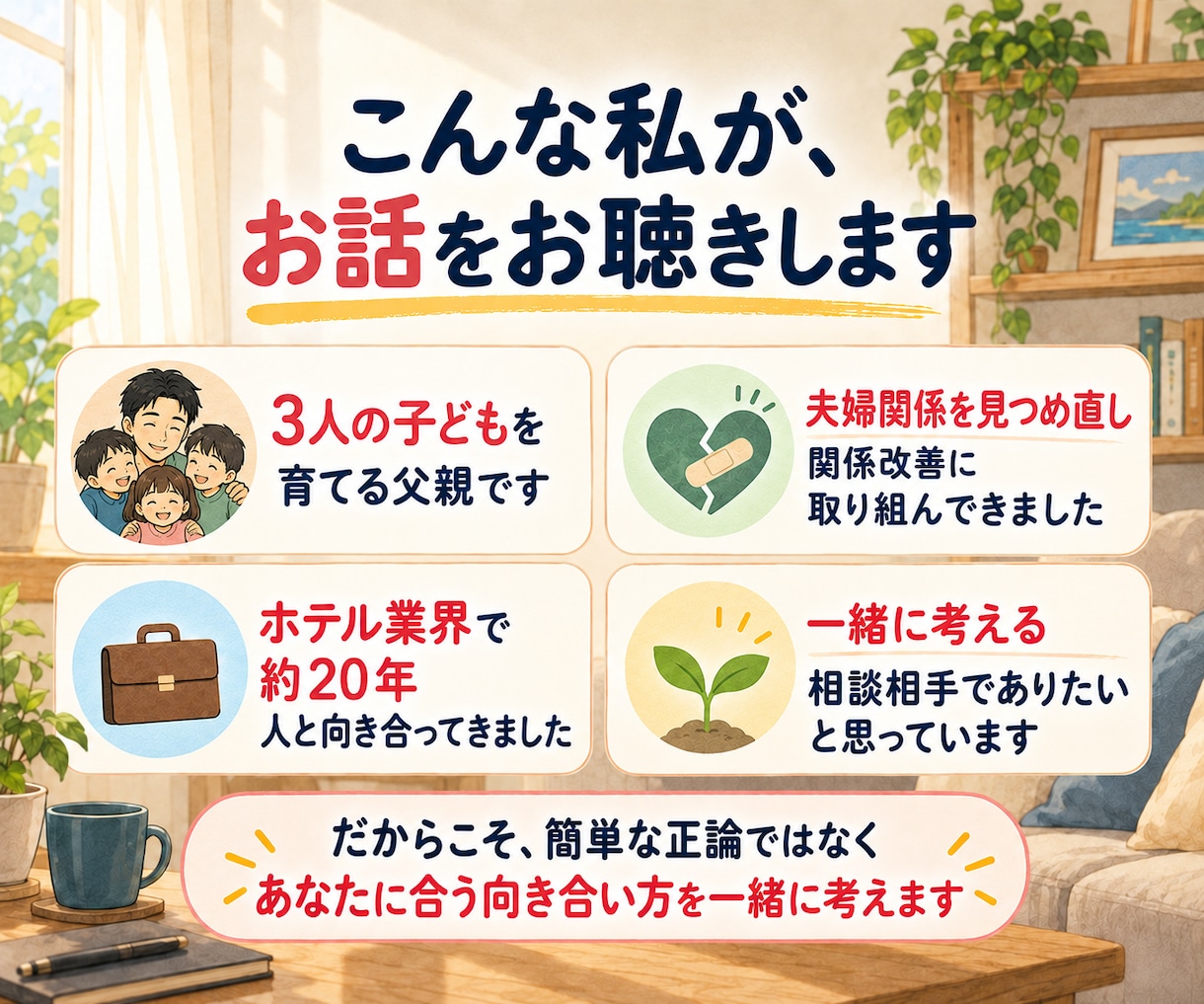 夫婦のすれ違いや悩みを否定せず丁寧にお聴きします 夫・3児の父としての視点も｜愚痴だけOK　改善の相談でもOK イメージ6
