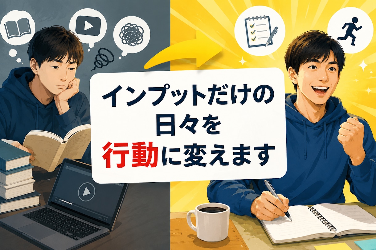 インプットだけの日々を 行動に変えます 本を読んでも行動できずに悩んでいる方へ イメージ1