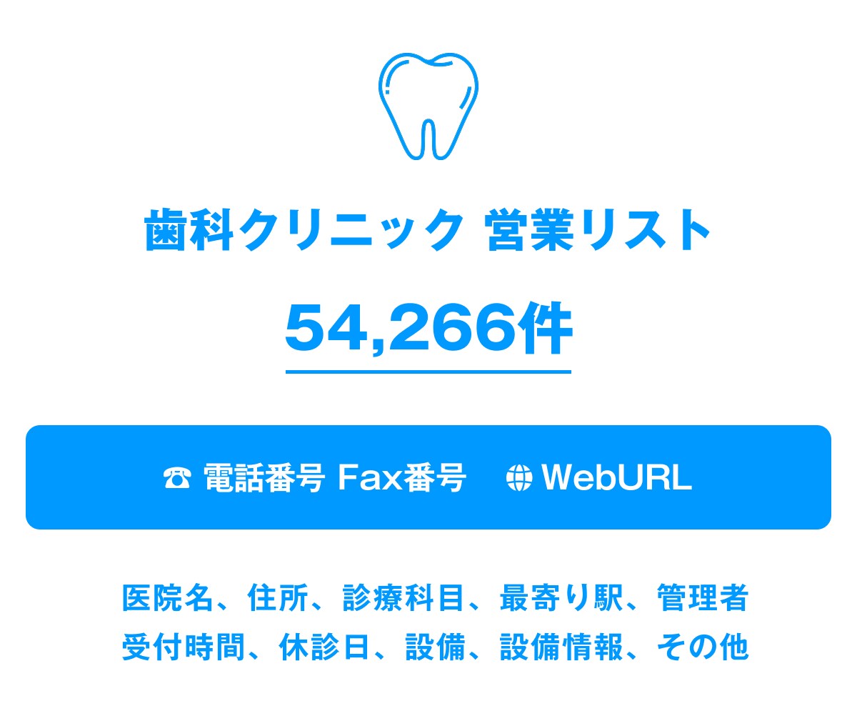 歯科クリニックのリストを即納します 54,266件｜営業法人データ（電話・FAX・HP情報含む） イメージ1