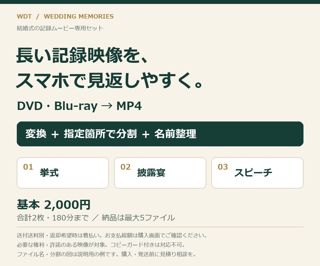 結婚式の記録ムービーをMP4化・分割します 挙式・披露宴を見返しやすく｜分割・名前整理込み イメージ1