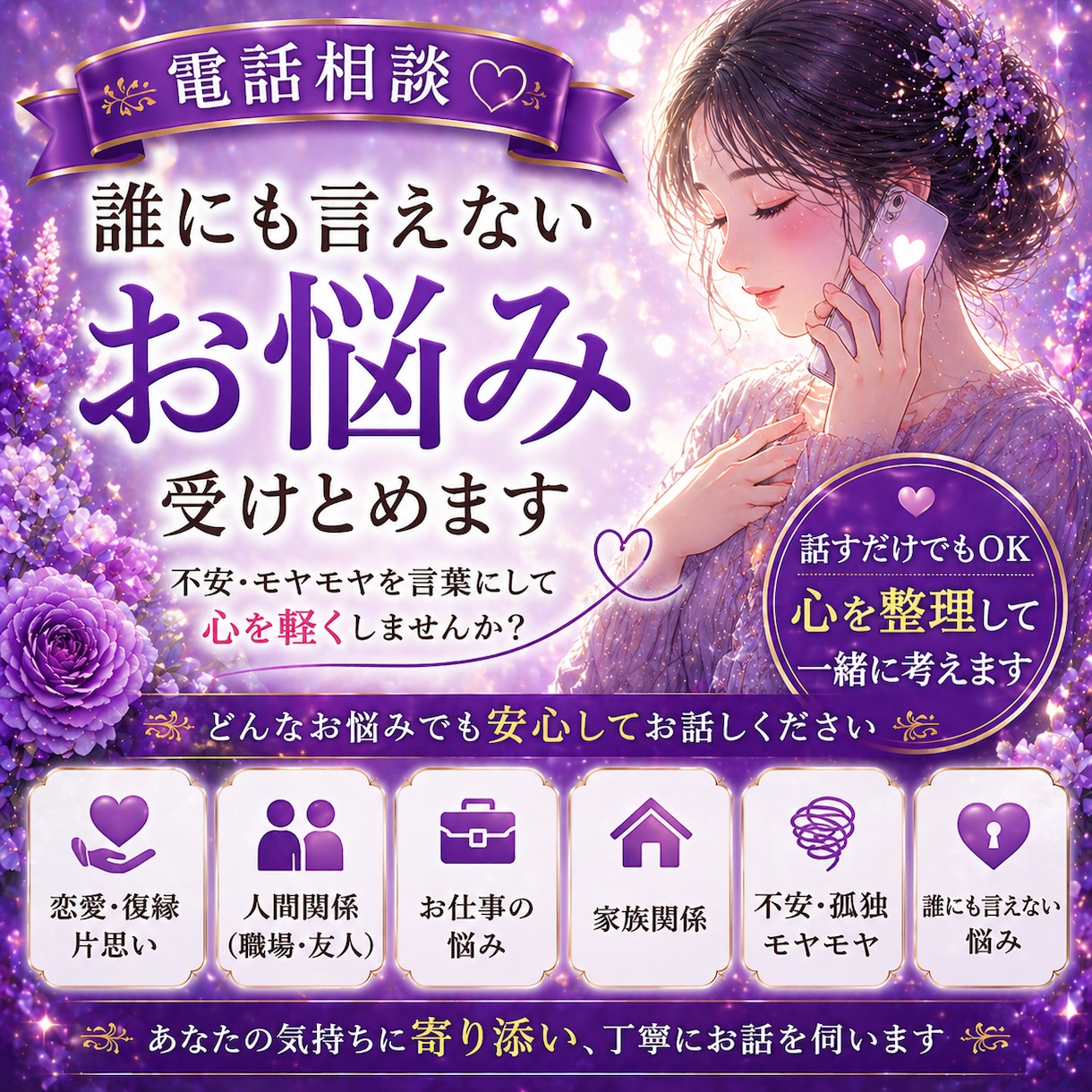 電話相談☆誰にも言えない悩みを受け止めます 不安・モヤモヤを言葉にして整理します☆大手占い会社所属 イメージ1
