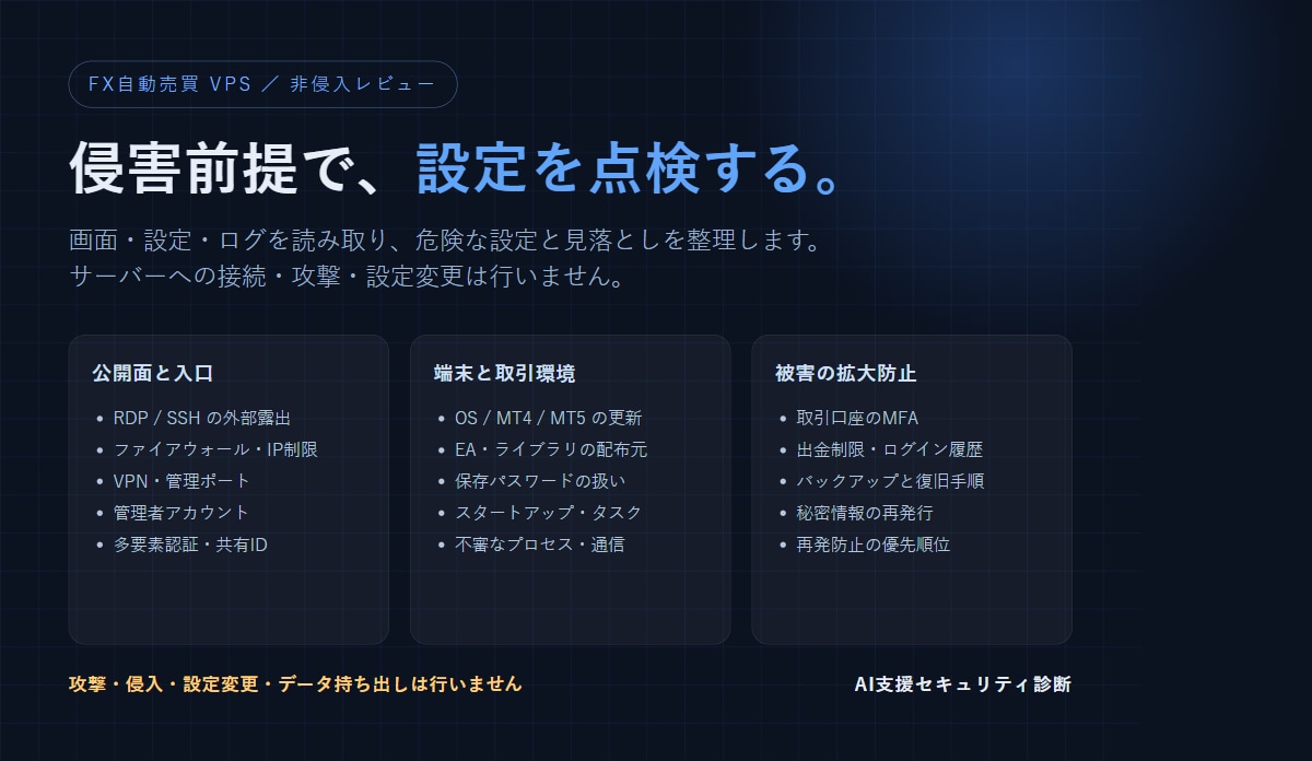 FX自動売買VPSの危険設定を洗い出します RDP露出・パスワード保存・不審な起動項目を整理します イメージ1
