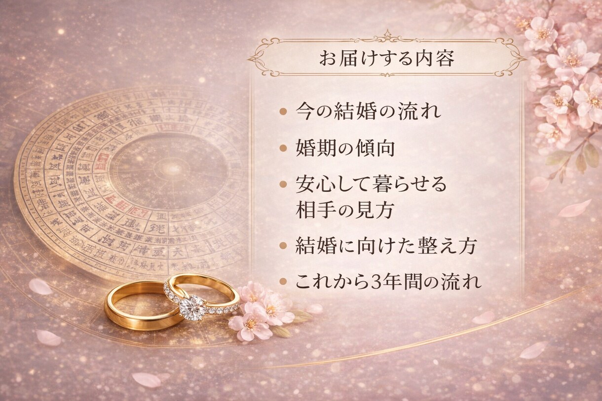結婚の流れと婚期を四柱推命で丁寧に読み解きます 結婚のお悩みにやさしく寄り添います(最初の3件だけこの価格) イメージ3