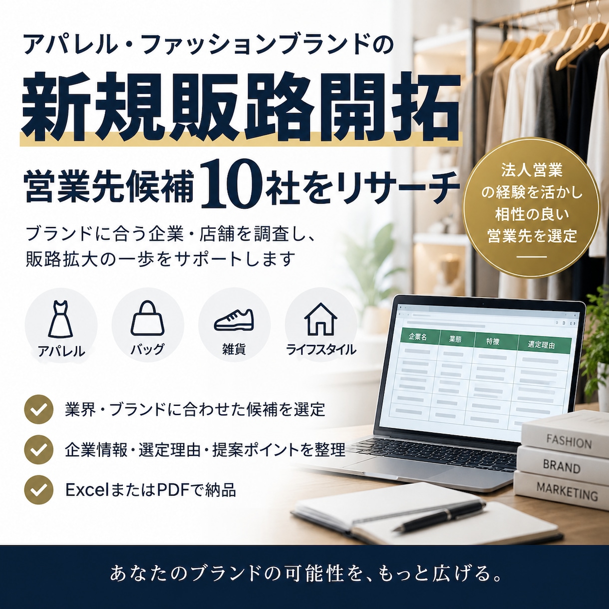 アパレルの新規販路候補を調査します 営業経験を活かし、ブランドに合う販路候補を選定 イメージ1