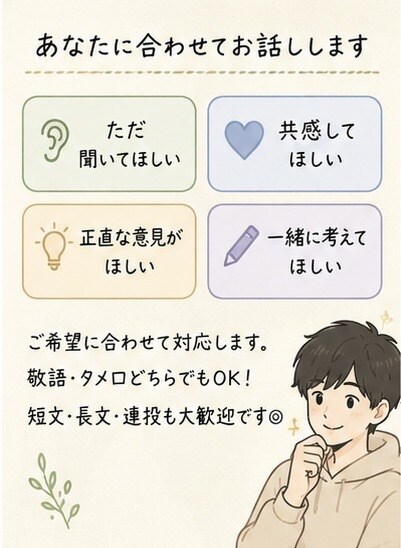 今悩んでる不安なこと、話したいことなんでも聞きます ただ聞いてほしいも、正直な意見がほしいも大歓迎 イメージ3