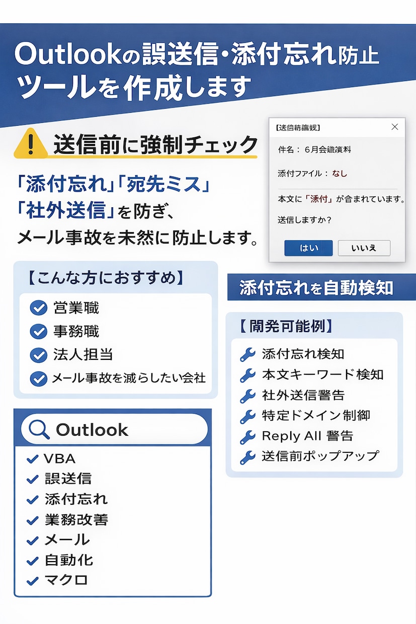 メール事故を未然に防止します 送信前に強制チェック。脱「添付忘れ」「宛先ミス」「社外送信」 イメージ2
