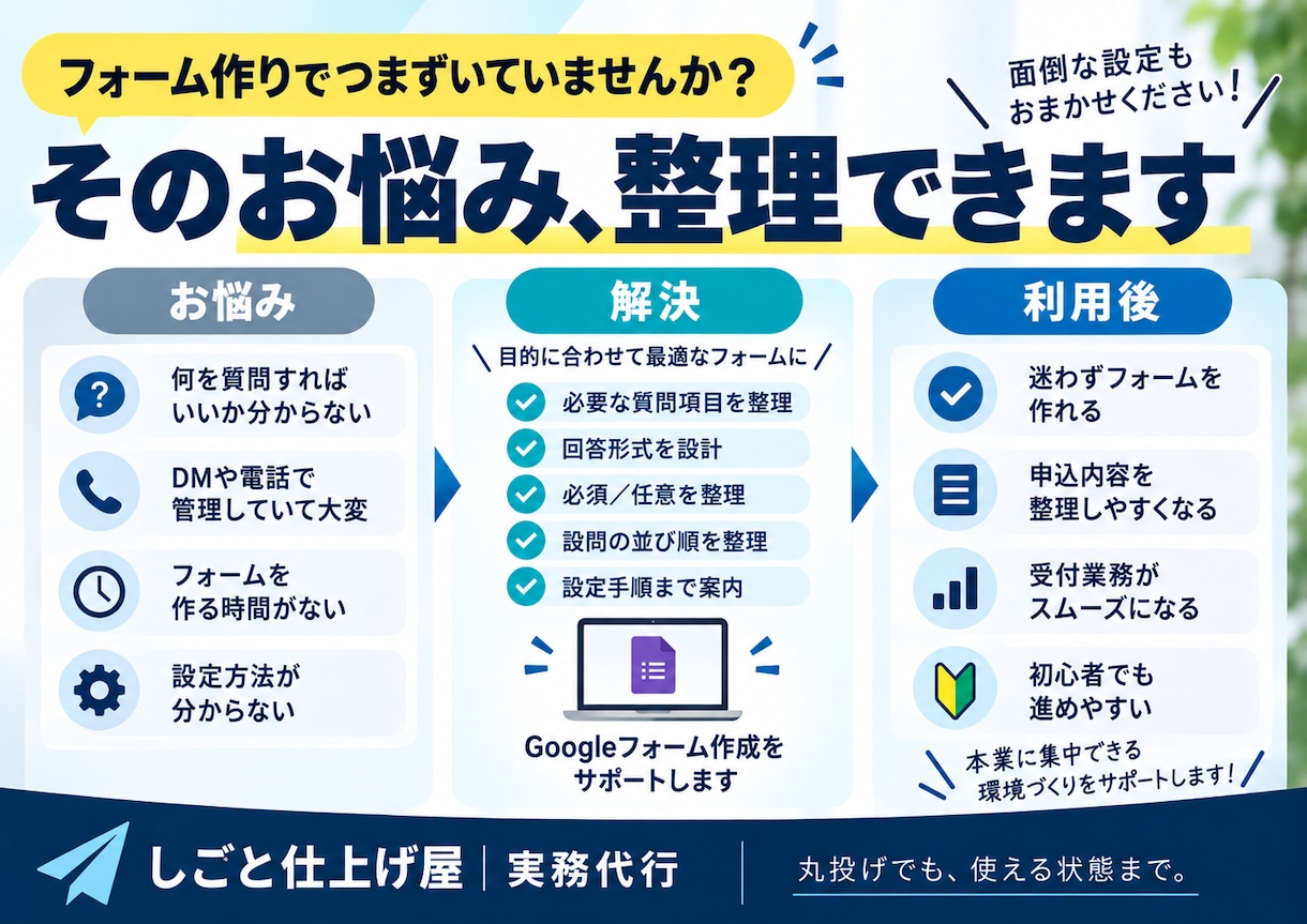 Googleフォーム作成をサポートします 申込・予約・問い合わせの質問設計から設定手順まで イメージ2