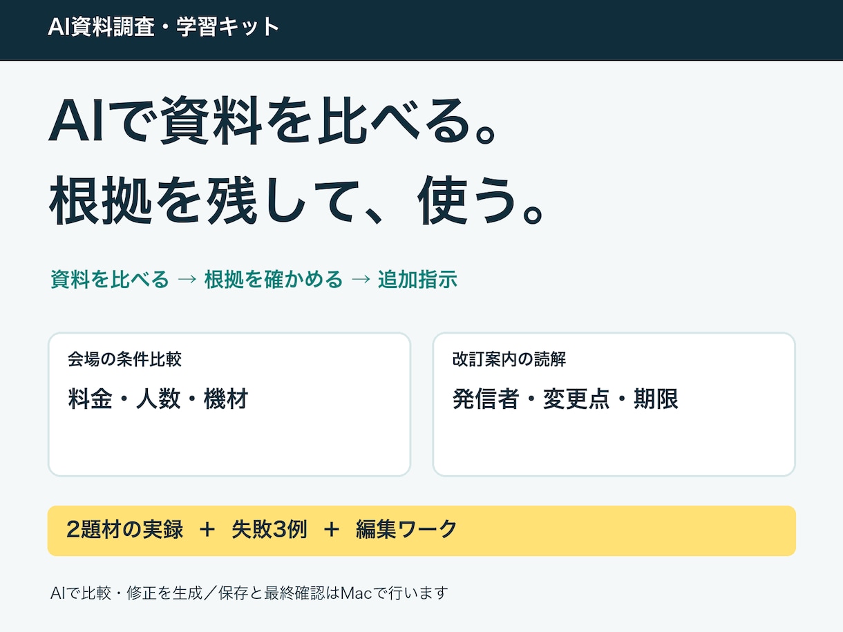 AIで資料を比べる調査・学習キットを提供します 根拠を照合して追加修正｜2題材の実録と応用ワーク イメージ1