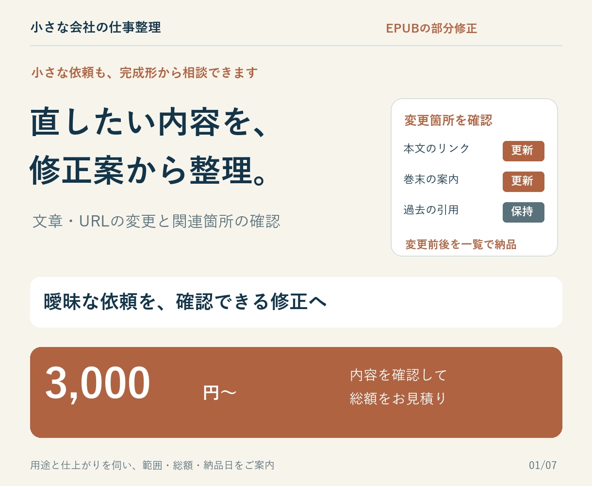 電子書籍の修正案づくりからお手伝いします 直したい内容を整理し、変更前後まで見える納品へ イメージ1