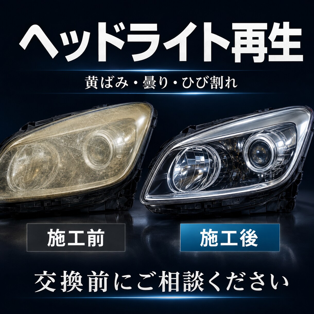 黄ばみ・曇り・ひび割れヘッドライトをきれいにします 交換を考える前にご相談くださ磨きと補修で透明感を取り戻します イメージ1