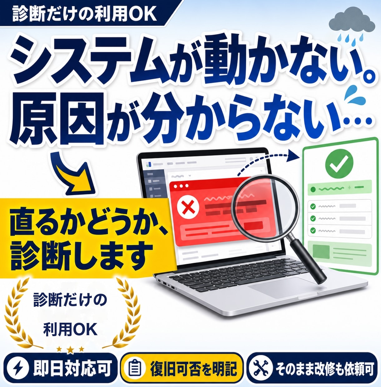 システムエラーの原因を即日診断します 診断のみのご利用も歓迎、復旧できるか可否を先に確認します イメージ1