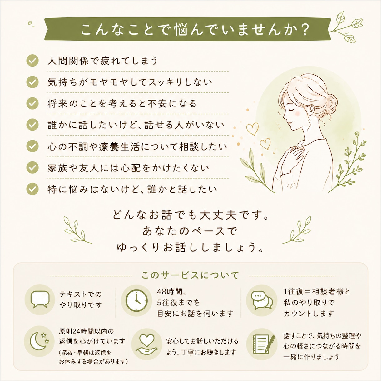 気持ちを整理したい貴方へ。否定せずゆっくり聴きます 「誰かに話したい」その気持ち、聴かせてください イメージ2