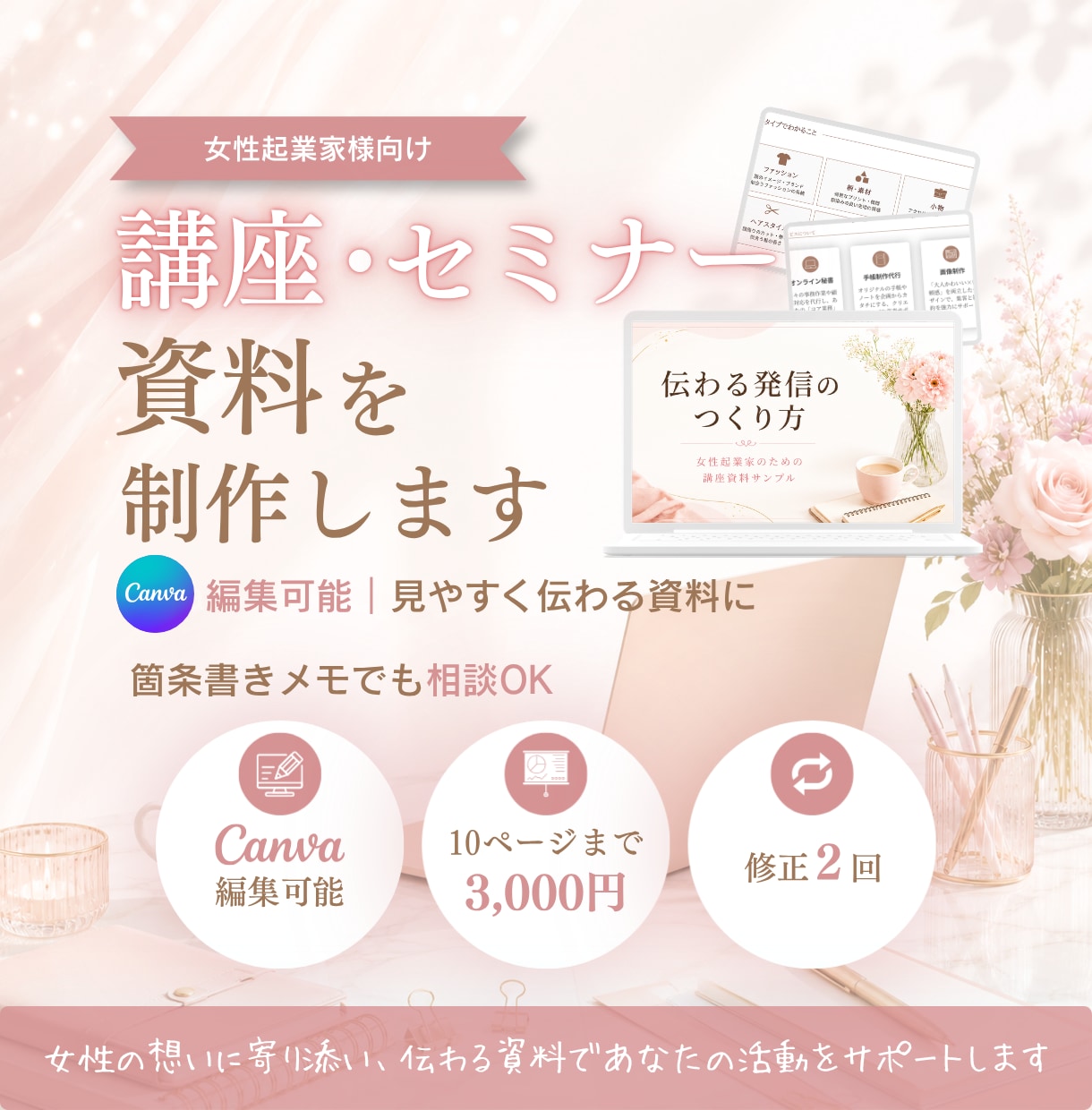 講座・セミナー資料をCanvaで見やすく整えます 原稿整理からデザインまで｜女性起業家向けの伝わるスライド制作 イメージ1