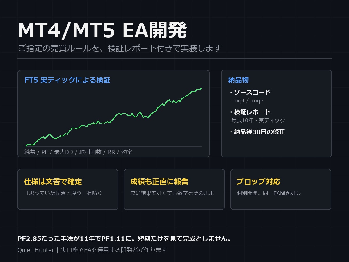 MT4/MT5のEAをご指定の仕様で開発します FT5の実ティック検証付き。ソースコードもお渡しします イメージ1