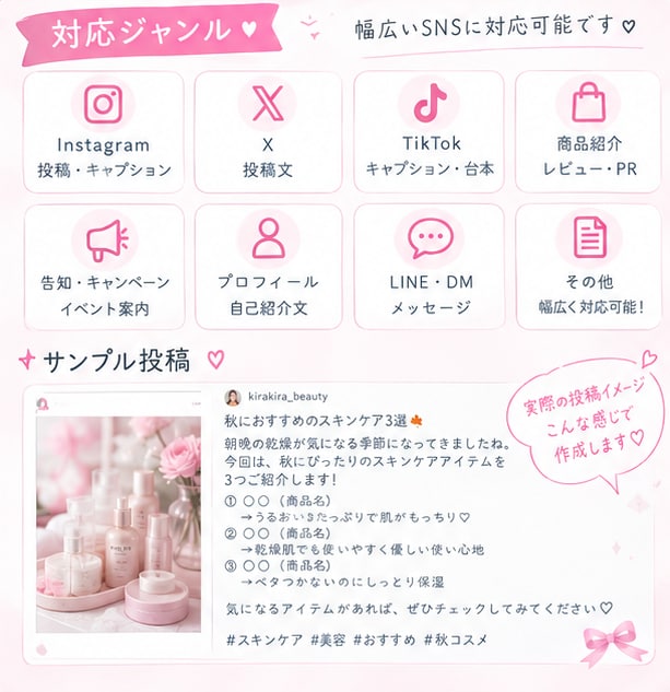 SNSの投稿文章を作成します Instagram・TikTokなどの文章を丁寧に作成します イメージ3