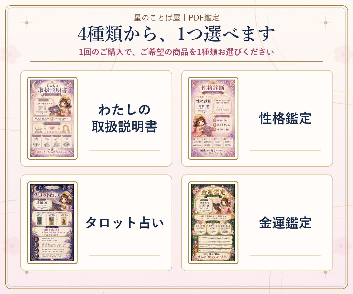 4種類から選べるPDF鑑定書をお届けします 性格・金運・タロット・取扱説明書から一つ選べます イメージ2