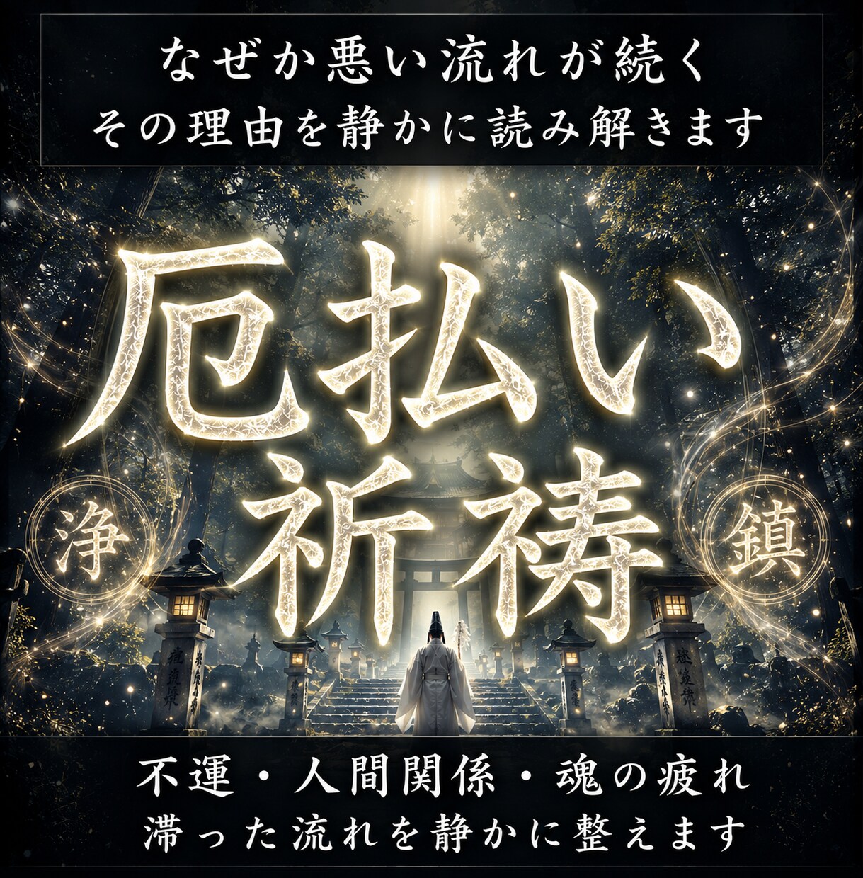 神域の鎮魂で厄を払い、乱れた魂の流れを整えます なぜ悪い流れが続くのか。念の澱みを払い、直霊を静かに鎮める。 イメージ1