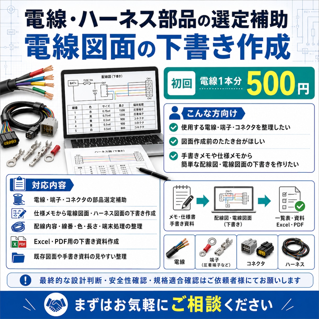 電線の図面作成、部品選定をお手伝いします 電線部品の選定と電線図面の下書き、部品の選定を支援します イメージ1